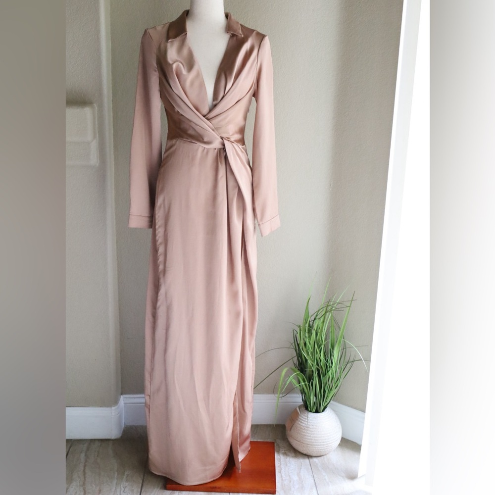 Fashion Nova Elegant Long Sleeve Satin Dress - Tan